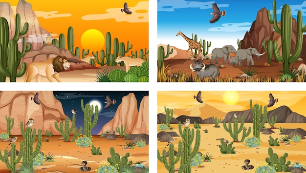 Different scenes with desert forest landscape with animals and plants