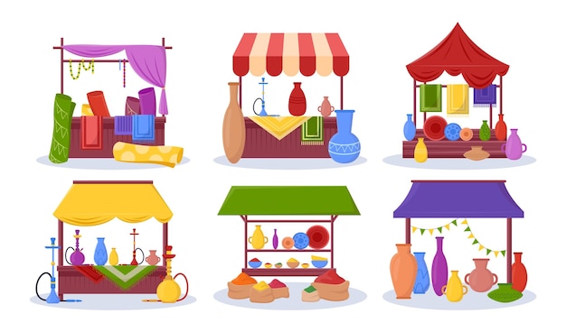 Different souk trade tents vector illustrations set