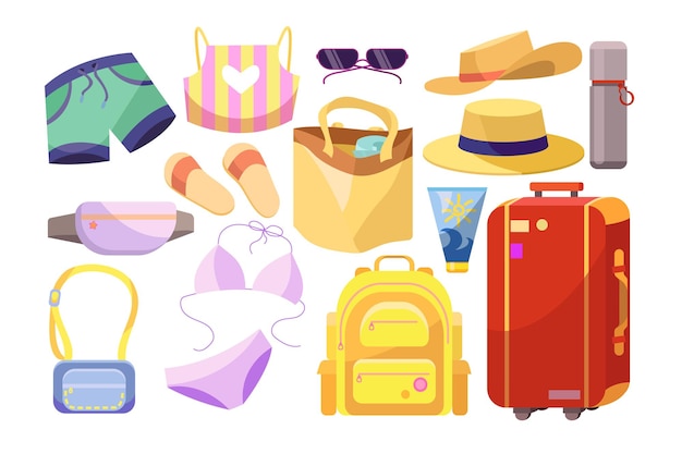 Free Vector different stuff for summer holidays vector illustrations set. collection of clothes and accessories, luggage: travel bag, suitcase isolated on white background. traveling, vacation concept