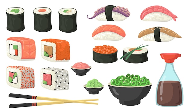 Different sushi, rolls and nigiri flat set