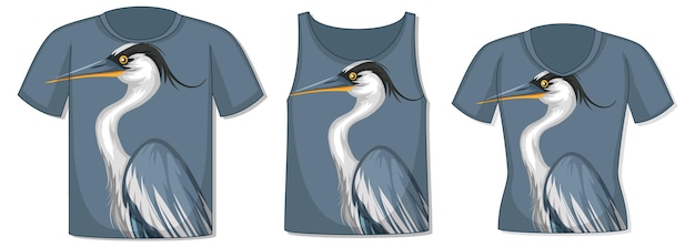 Free Vector different types of tops with heron bird pattern