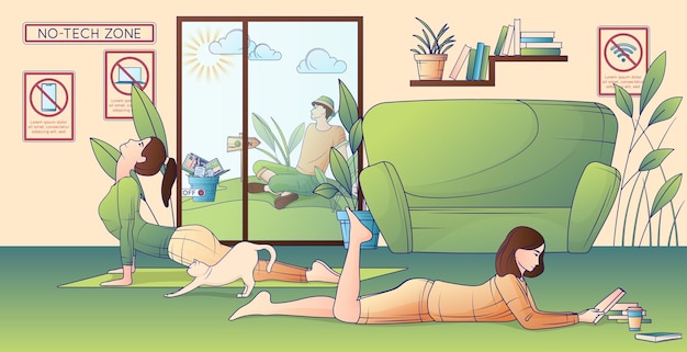 Free Vector digital detoxing flat line composition with indoor view of home interior with women reading doing yoga vector illustration