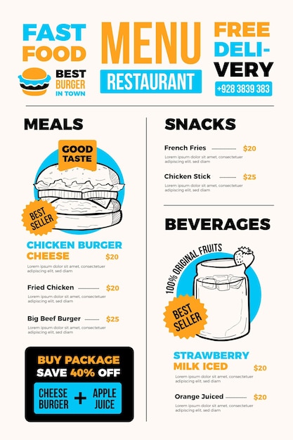 Free Vector digital fast food restaurant menu