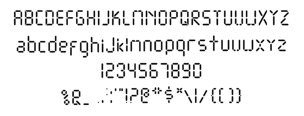 Digital font. template of black digital alarm clock letters and numbers. Digital text.