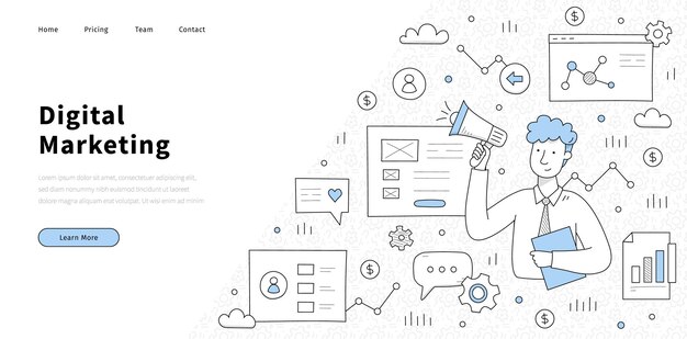 Digital marketing banner with businessman with megaphone website screen graph and money Vector landing page of online market strategy with doodle illustration