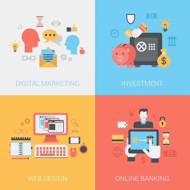 Digital marketing, investments, web design, online banking icon set.