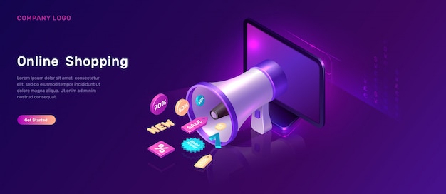 Digital marketing isometric concept with megaphone