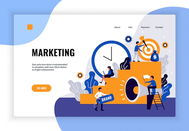 Digital marketing page design with brand development symbols flat