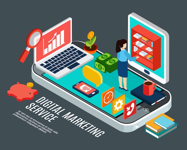 Digital marketing service isometric concept with various electronic devices and woman at work 3d vector illustration