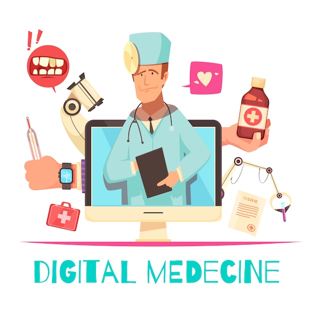 Free Vector digital medicine composition with online consultation and recipe  x-ray and lab equipment  cartoon illustration