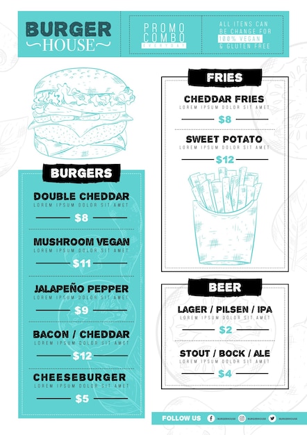 Digital restaurant menu template with illustrated food