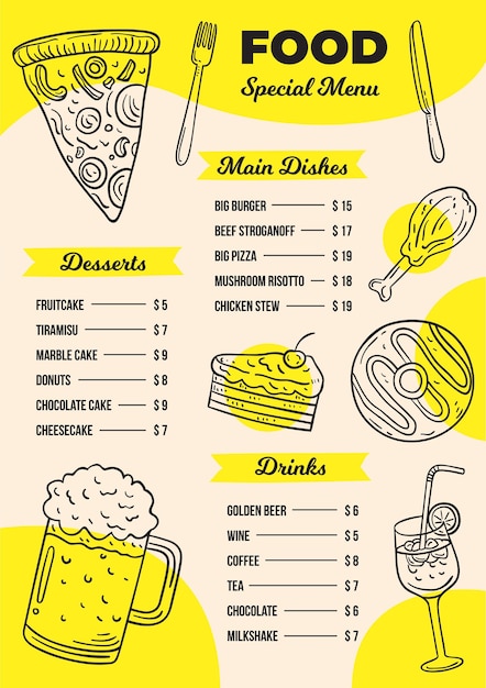 Digital restaurant menu in vertical format with foods