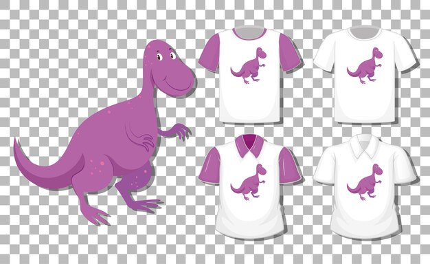 Dinosaur cartoon character with set of different shirts isolated