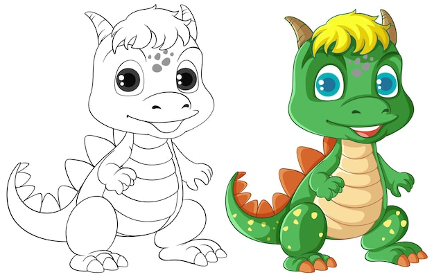 Dinosaur cartoon and its doodle coloring character