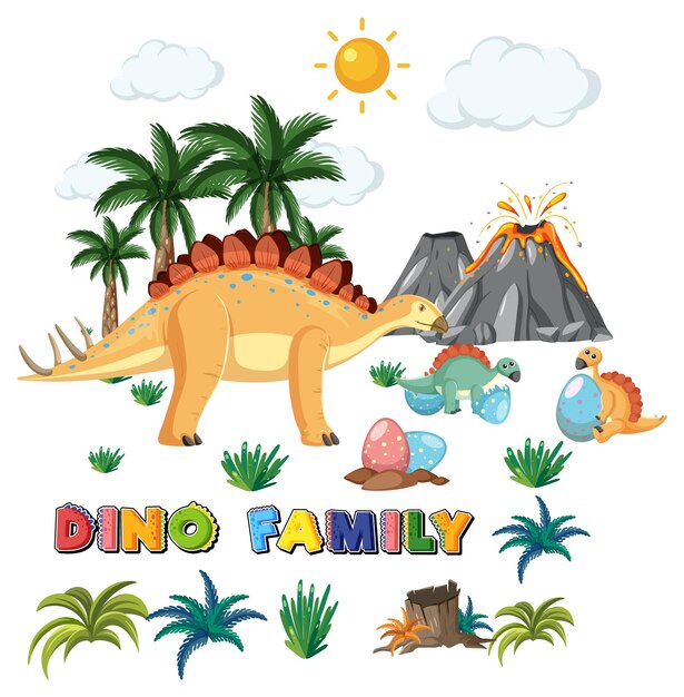 Dinosaur family with forest objects