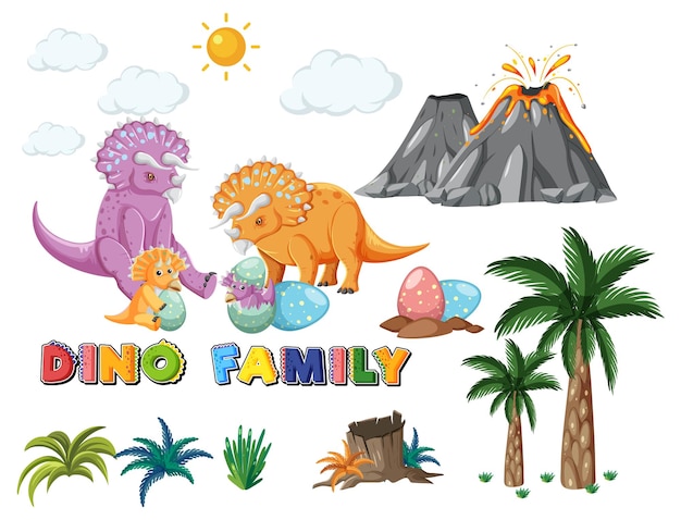 Dinosaur family with forest objects