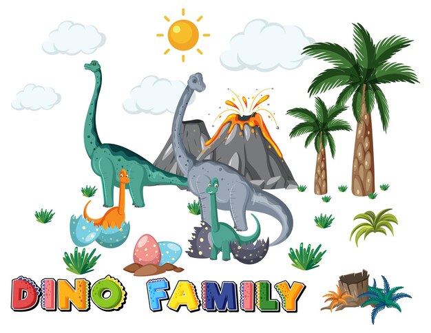 Dinosaur family with forest objects