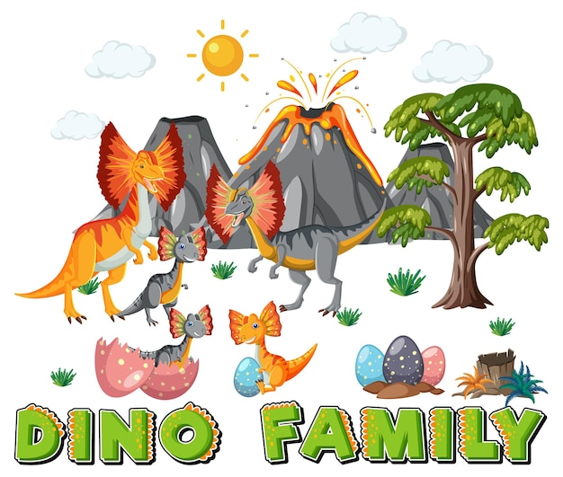 Dinosaur family with forest objects