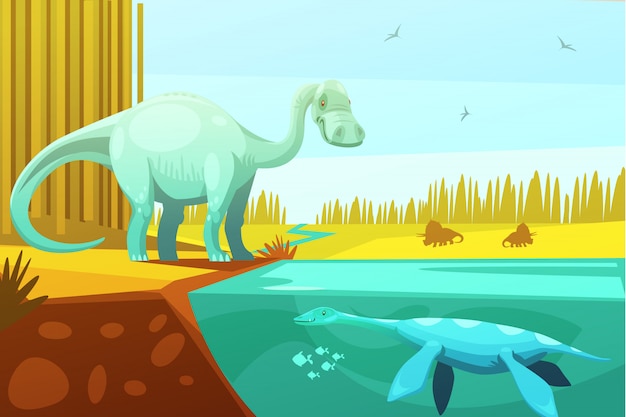 Dinosaurs and prehistoric turtle from animated cartoon animals for kids 