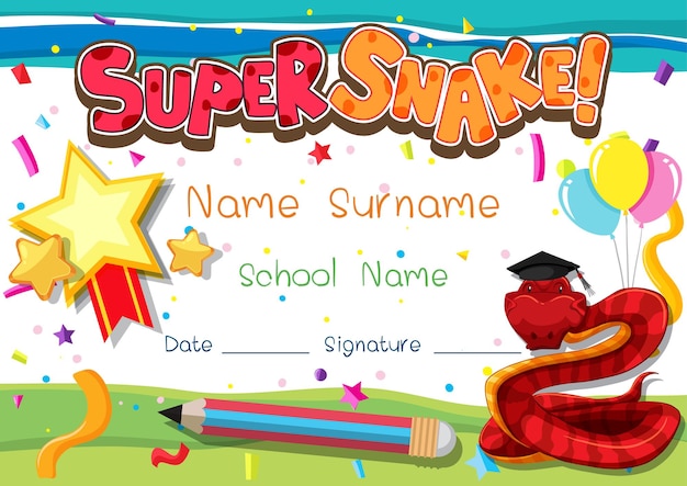 Free Vector diploma or certificate template for school kids with super snake cartoon character