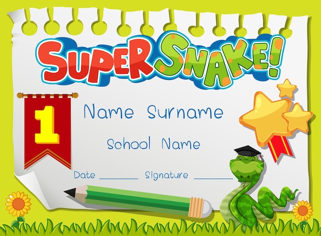 Diploma or certificate template for school kids with super snake cartoon character