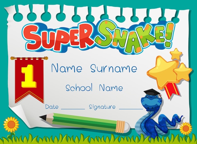 Diploma or certificate template for school kids with super snake cartoon character