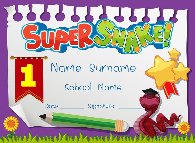 Diploma or certificate template for school kids with super snake cartoon character