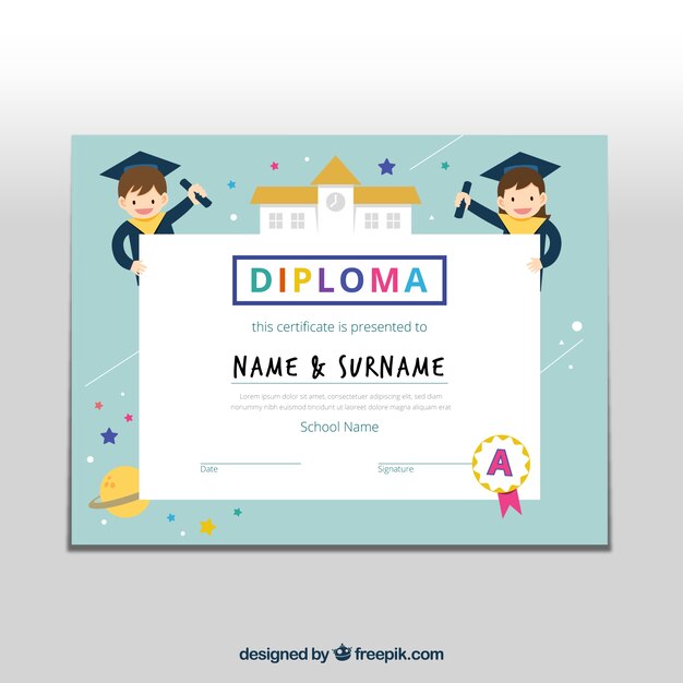 Diploma template for kids with flat elements