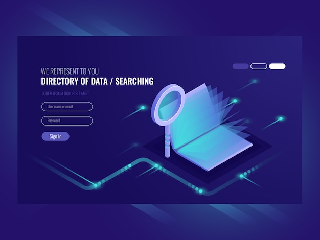 Directory of data, information serching result, book with magnifying glass