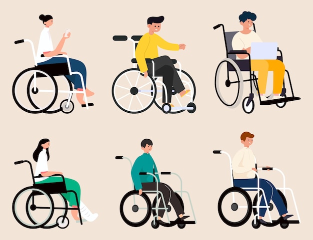 Disabilities people with variety of activities on wheelchair, use smartphone or working on laptop in cartoon character