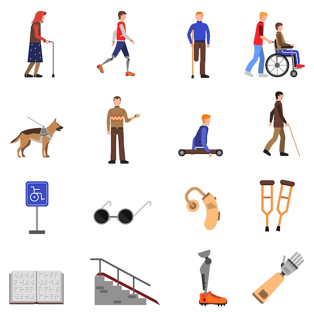 Disabled Handicapped People Flat Icons Set 