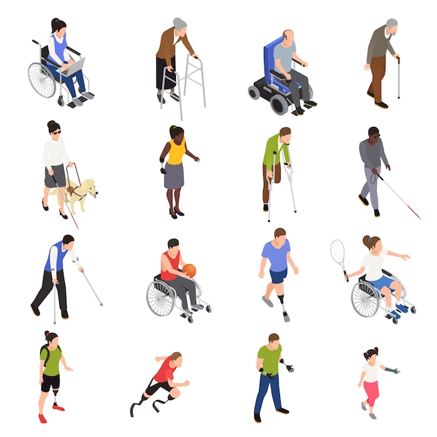 Free Vector disabled injured people outdoor activities isometric icons set with sporting limb amputees moving using wheelchair