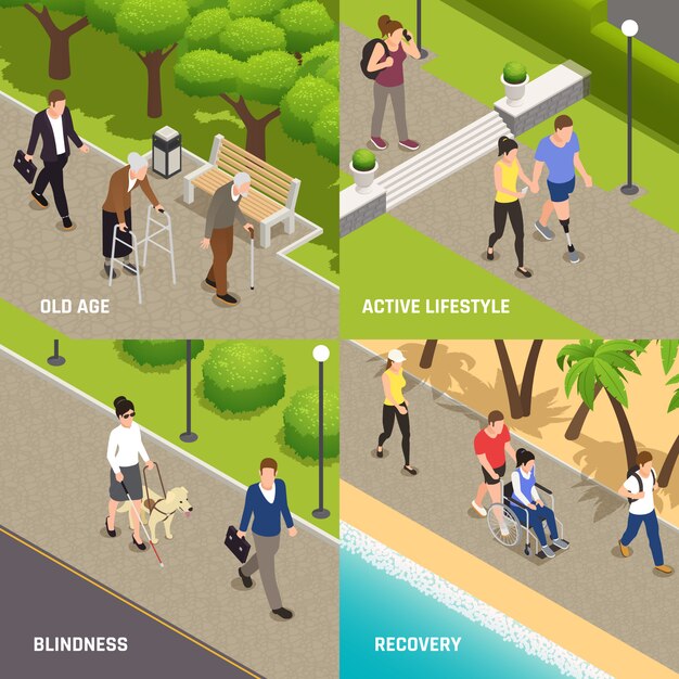 Disabled injured people outdoor activities  rehabilitation 4 isometric icons concept with blind old and amputee