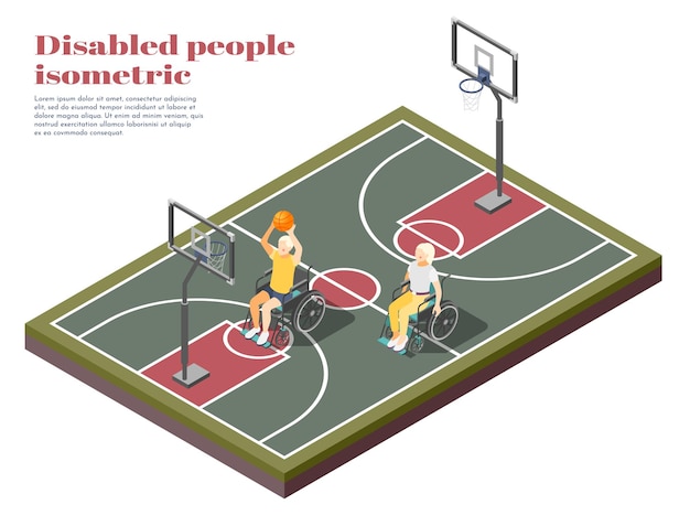 Free vector disabled people isometric composition with two invalids in wheelchair playing basketball on playground