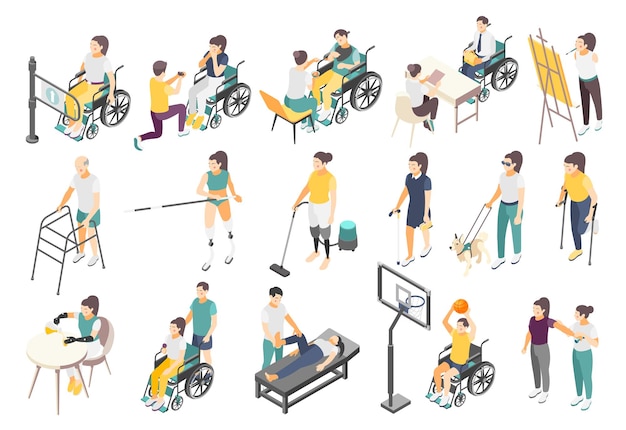 Free Vector disabled people isometric icons with active invalids overcoming difficulties in everyday life volunteer and helpers vector illustration