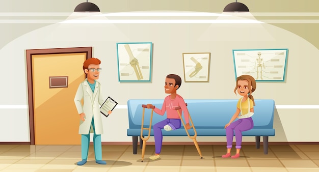 Free vector disabled people man with amputated leg and woman with broken arm in waiting room with doctor cartoon vector illustration