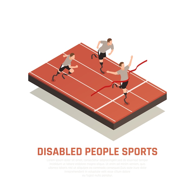 Free Vector disabled people sport isometric composition with 3 amputee blade prosthesis runners men crossing finish line