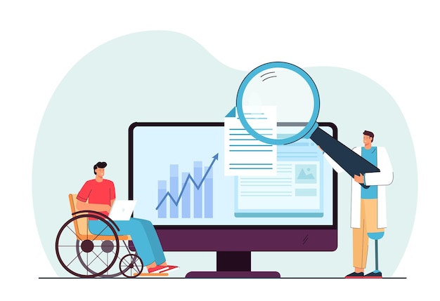 Disabled people working online flat illustration