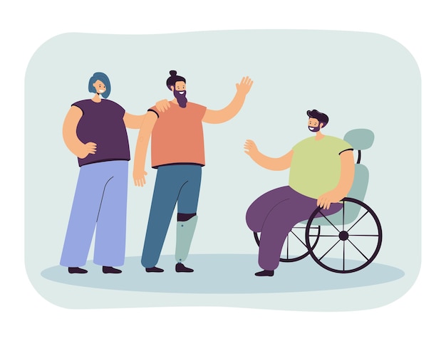 Free Vector disabled person greeting man in wheelchair. character with artificial leg, handicapped people flat vector illustration