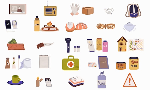 Free Vector disaster prevention flat set with isolated icons of medical supplies aid with household and warning signs vector illustration