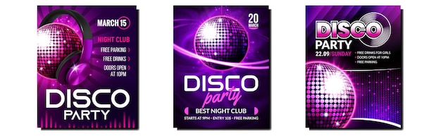 Disco music party poster background set Dance night Abstract disco music club flyer Event template Dj retro party light Neon banner Show card Fashion concert Pink realistic vector illustration