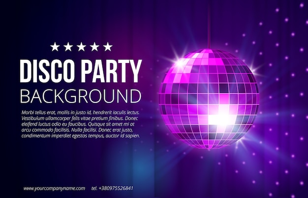 Disco party background. Ball, nightclub and nightlife, bright and shine sphere, vector illustration