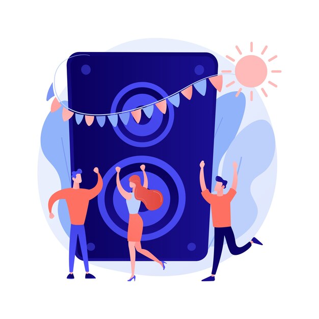 Disco party. People dancing in club and having fun. Nightclub, nightlife, discoteque, clubbing. Female DJ cartoon character. Music concert. Vector isolated concept metaphor illustration