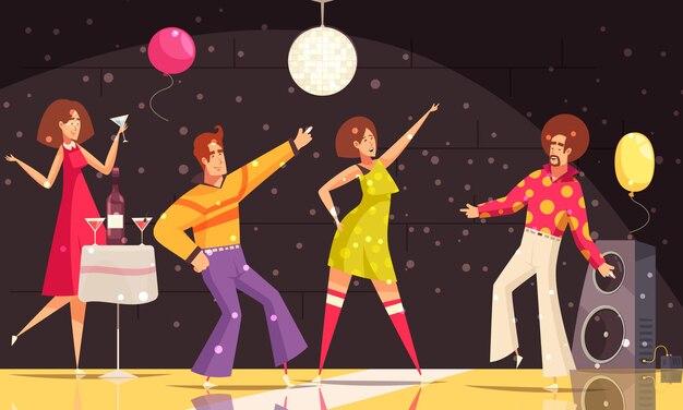 Disco party  with  people dancing and drinking flat  illustration,