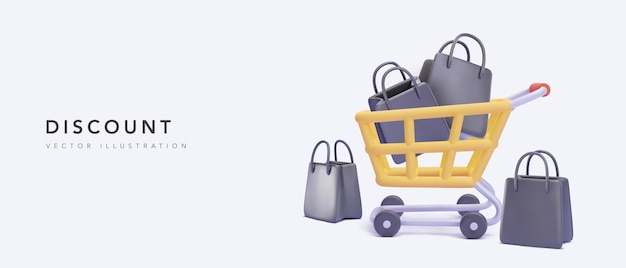 Discount banner with yellow shopping cart and black gift bags in realistic style. Vector illustration