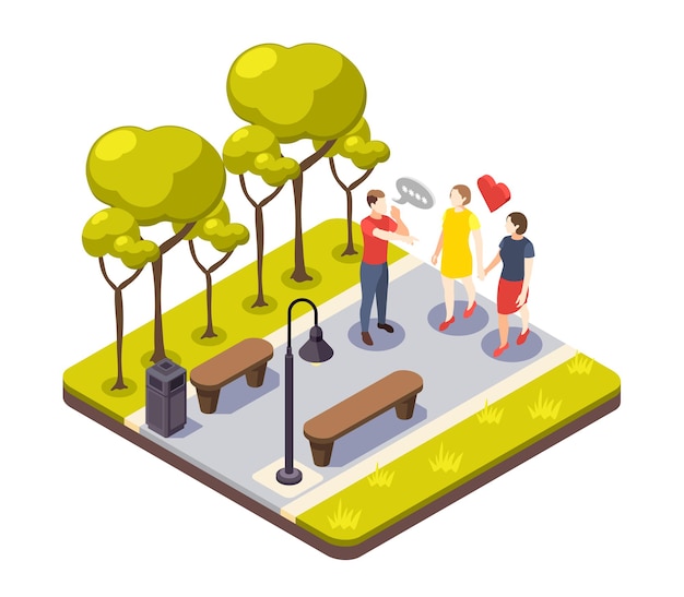 Free vector discrimination isometric composition with outdoor view of urban park and male character shouting to female lovers illustration