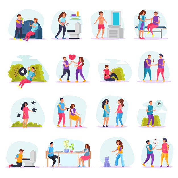 Diseases transmission ways flat icons set with people communicating with sick or insects or in barbershop 