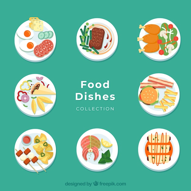 Dishes collection with different food