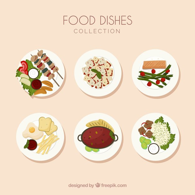 Dishes collection with different food