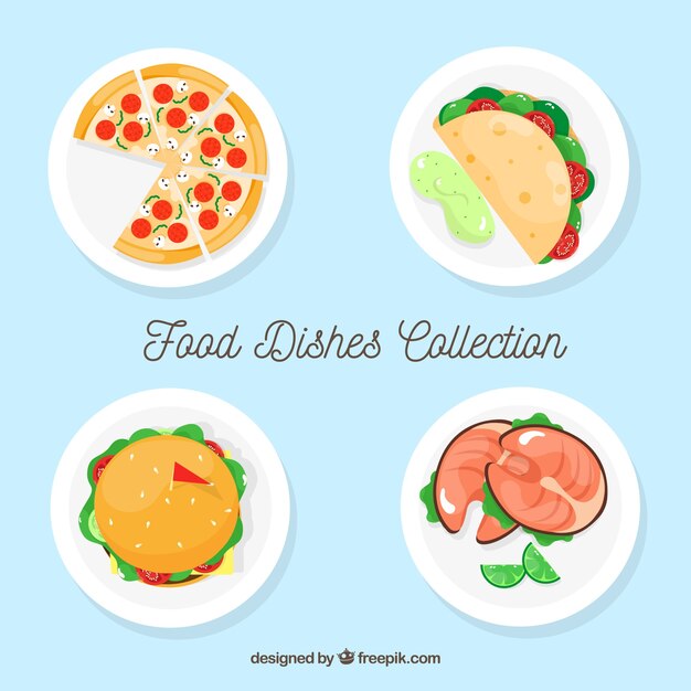 Dishes collection with different food